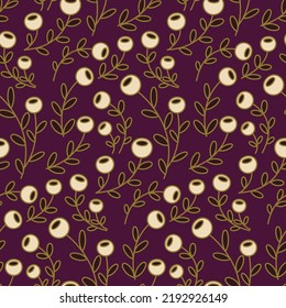 Seamless floral pattern with small hand drawn berries on a dark background. Autumn botanical print with simple wild plant design. Vector illustration.