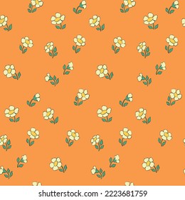 Seamless floral pattern with small hand drawn daisies on an orange field. Pretty ditsy print, cute flower background design with small flowers, leaves in cartoon retro style. Vector illustration