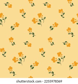 Seamless floral pattern with small hand drawn flowers in folk style. Simple ditsy print, cute botanical design: tiny yellow flowers in a liberty arrangement on a light background. Vector illustration.