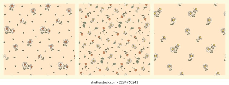 Seamless floral pattern with small line art plants in the set. Cute minimal design with tiny plants: pretty chamomile, mini flowers, leaves in an abstract arrangement on a light background. Vector.