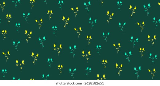 seamless floral pattern, small little cute flower background. Green yellow flower repeat pattern. Ditsy print, surface design. Ditsy floral for fashion, texture, fabric, wrapping, decor