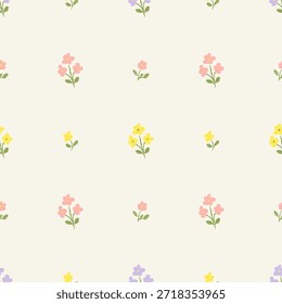 Patrón floral sin fisuras con Pequeñas flores pastel en estilo botánico lindo mínimo sobre fondo crema, diseño de repetición suave para el Fondo de pantalla de vivero textil de tela.
