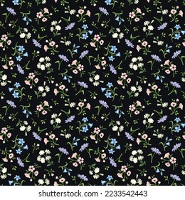 Patrón floral sin foco, con flores rosadas, azules, blancas y violetas sobre un fondo negro. Diseño de impresión de vectores