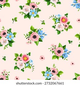 Seamless floral pattern with small pink and blue flowers on a pink background. Vector floral print. Hand-drawn illustration, not AI