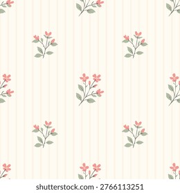 seamless floral pattern with small pink flowers and green leaves on beige striped background delicate botanical repeat design for textile wallpaper wrapping illustration.