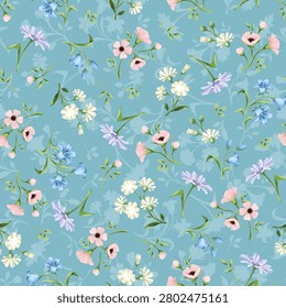 Seamless floral pattern with small pink, blue, white, and purple flowers on a blue background. Vector pastel floral print. Hand-drawn illustration, not AI