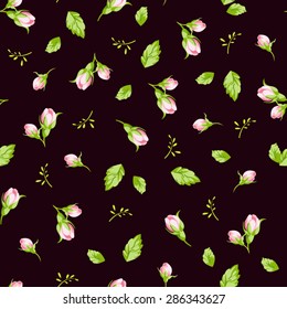 Seamless floral pattern with small rose buds on a dark background