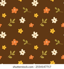 Seamless floral pattern with small, simple flowers in shades of orange, yellow, and white on a dark brown background. Perfect for spring and summer designs.
