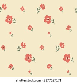 Seamless floral pattern with small sparse plants. Cute ditsy print, simple botanical background design with pink hand drawn flowers, tiny leaves on light surface. Vector illustration.