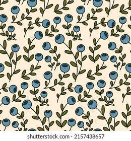 Seamless floral pattern with small sprigs of blueberries in a cute retro style. Botanical background design, print with tiny painting plants. Vector illustration.