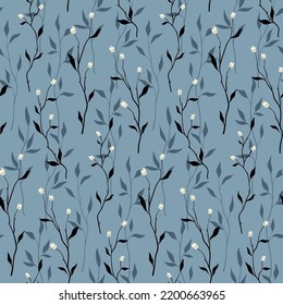 Seamless floral pattern with small spring branches, mini buds on a blue background. Romantic botanical print with hand drawn plants: small flowers, leaves, branches. Vector illustration.