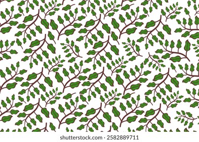 Seamless floral pattern with small tree branches and green leaf texture. Botanical style vector illustration with natural details, suitable for background, fabric, wallpaper or decorative design.