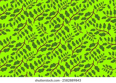 Seamless floral pattern with small tree branches and green leaf texture. Botanical style vector illustration with natural details, suitable for background, fabric, wallpaper or decorative design.