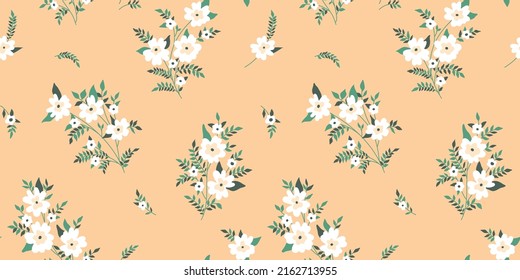 Seamless floral pattern with small white flowers, tiny pastel twigs on a delicate pink field. Girly botanical background design with cute flower arrangement, hand drawn plants. Vector illustration.