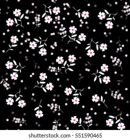 Seamless floral pattern. Small white and grey flowers, twigs, leaves on a black background