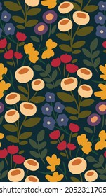 Seamless floral pattern with small wildflowers on a green background. A random arrangement of colorful flowers and leaves. Vector botanical background.