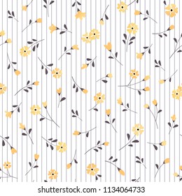 Seamless floral pattern with small yellow wildflowers. Vector striped white background for fills, wallpaper, fabric, digital paper, etc.