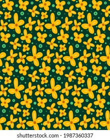 Seamless floral pattern with small yellow flowers and turquoise dots on dark green background. Natural wallpaper. Vector texture with buttercup anemone for fabrics and wrapping paper