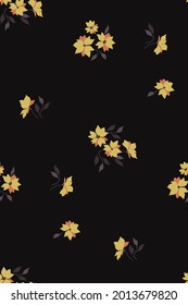 Seamless floral pattern with small yellow flowers. Abstract composition of small plants, flowers and leaves, on a dark background. Vector.