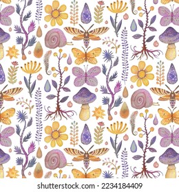 Seamless floral pattern with snails, butterflies, flowers, mushrooms. Vector botanical illustration. Small garden. Full color. Watercolor color.