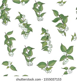 Seamless floral pattern with snow berry on white background. Endless holiday textures for weddings, announcements, postcards, posters. Vector. Symphoricarpos.