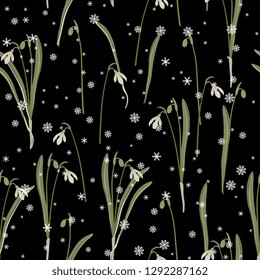 Seamless floral pattern with snowdrop flowers and snowflakes. Vintage style.