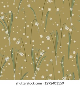 Seamless floral pattern with snowdrop flowers and snowflakes. Vintage style.