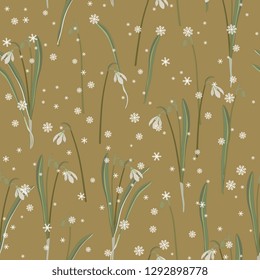 Seamless floral pattern with snowdrop flowers and snowflakes. Vintage style.