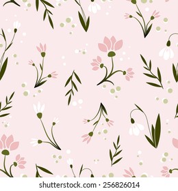 Seamless Floral Pattern with Snowdrops, on light pink background  