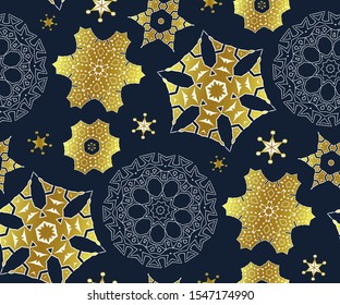 Seamless floral pattern with snowflakes winter pattern and ornamental decorative background. Vector pattern. Print for textile, cloth, wallpaper, scrapbooking