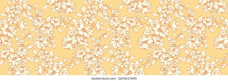 Seamless floral pattern with soft blooming flowers and leaves on a yellow background. Ideal for fabric, wallpaper, packaging, and digital design. Elegant and cheerful floral design.