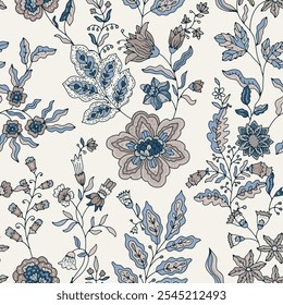 Seamless floral pattern in soft pastel colors with delicate botanical elements. Vector illustration great for fabric and wall decor.