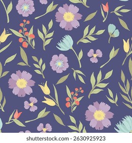 Seamless floral pattern with soft pastel flowers and leaves on a navy blue background. This hand-drawn  for fabric, stationery, wallpaper, and decorative projects with a dreamy and romantic tone.