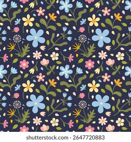 Seamless floral pattern with soft pastel flowers, herbs and leaves. Gentle spring or summer design with romantic and natural feel. Vector illustration on dark background, hand drawn, flat design