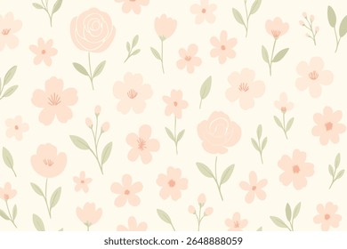 A seamless floral pattern in soft pastel colors featuring elegant hand-drawn flowers and botanical elements on a light background