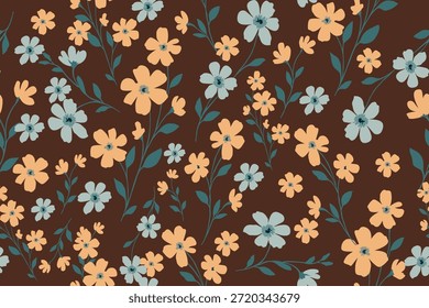 Um padrão floral sem costura com pêssego macio e flores azuis pálidas em um fundo marrom rico, apresentando caules elegantes para um olhar botânico vintage quente.