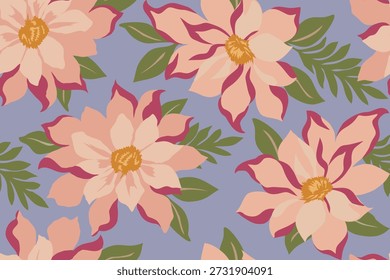 Patrón floral sin fisuras con flores de melocotón suave, acentos rosados y hojas verdes sobre un fondo de lavanda apagado, elegante y romántico para la decoración.
