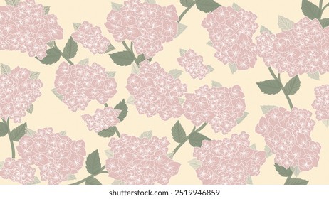 Seamless floral pattern with soft pink hydrangeas and green leaves on a light beige background. Perfect for textiles, wallpapers, packaging, or stationery.