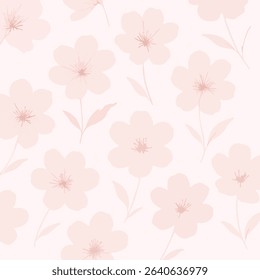 Seamless floral pattern with soft pink five-petal flowers and curved leaves on a pale pastel background. Elegant, romantic, and minimal style.