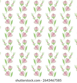 Padrão floral sem emenda com flores rosa macias e folhas verdes em estilo desenhado à mão simples. Ótimo para tecidos, embrulho de presente, artigos de papelaria, projetos de primavera e verão.