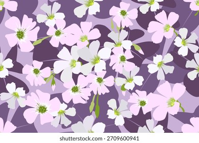 Patrón floral inconsútil con las flores suaves rosadas y blancas en el fondo púrpura, diseño elegante de la flor de la primavera, textura botánica del Fondo de pantalla, impresión decorativa de la tela para la moda, papel de embalaje, Decoración casera