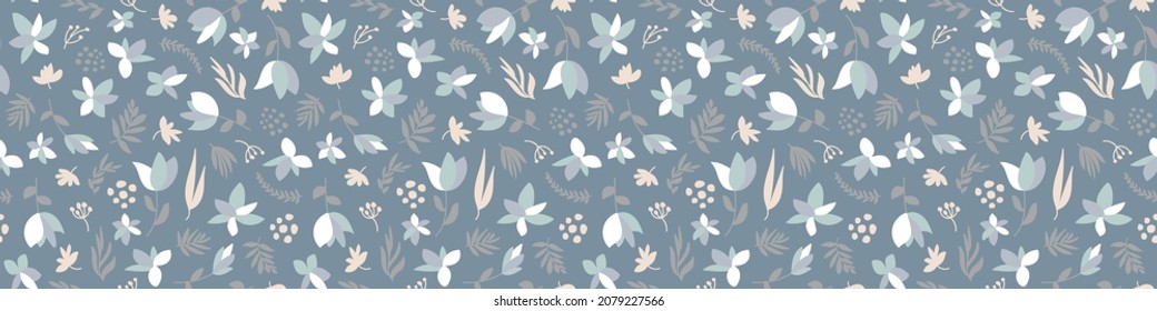 Seamless floral pattern in soft teal blue, sage, olive and pale ivory.