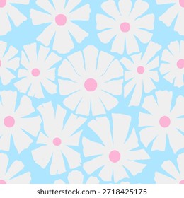 Seamless floral pattern with soft white flowers on blue background. Fresh and delicate design for fabric, wallpaper, and decor