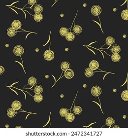 Nahtloses Blumenmuster aus spärlichen imaginären gelben Löwenzahn und Punkten auf schwarzem Feld. Minimalistisch heller, von Hand gezeichneter botanischer Hintergrund.