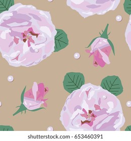 Seamless floral pattern with splendid roses and drops of dew. Pastel colors on golden beige background.