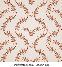 Seamless floral pattern with sprigs waving. Illustration in brown,  golden, red and pink shades on light background