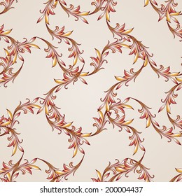 Seamless floral pattern with sprigs weaving. Illustration in brown,  golden, red and pink shades on light background