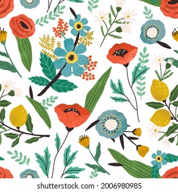 Seamless floral pattern with spring blossomed flowers on white background. Endless repeatable texture with romantic blooming summer plants. Modern botanical print. Colored flat vector illustration