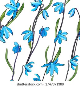 Patrón floral sin foco con flores azules primaverales y hojas verdes sobre fondo blanco. Primrose para el diseño de textiles, prendas de vestir, impresiones, papel envolvente, papel pintado.Ilustración de material vectorial. 