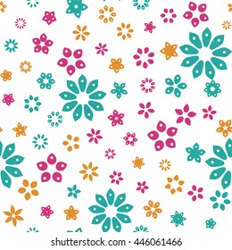 Seamless floral pattern with spring colored flowers on a white background. Vector repeating texture.